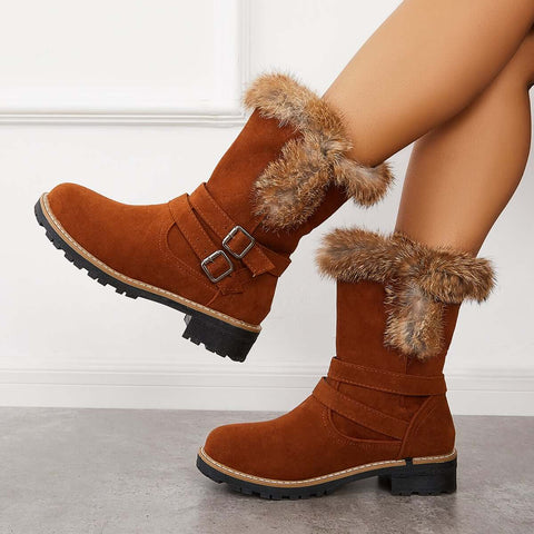 Warm Fur Mid Calf Snow Boots Block Heel Furry Winter Booties