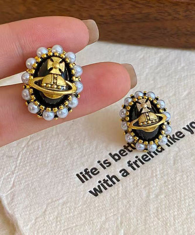 New Luxury Black Metal Pearl Stud Earrings