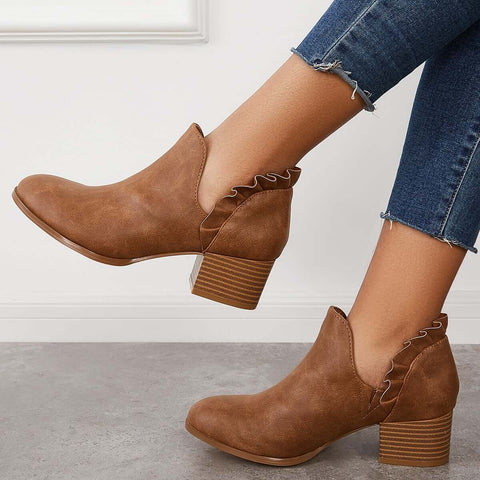 V-Cut Ruffle Ankle Boots Slip on Chunky Stacked Heel Booties