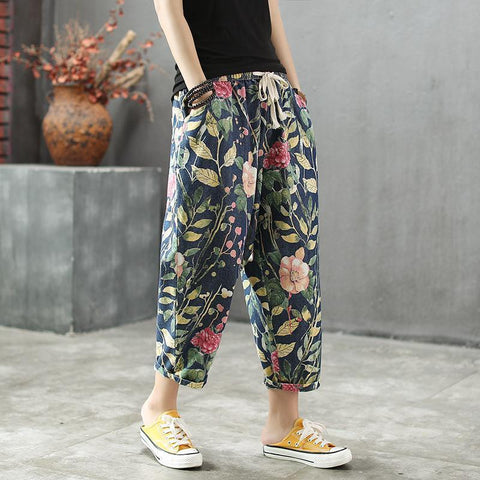 Loose Floral Print Elastic Waist Denim Pants