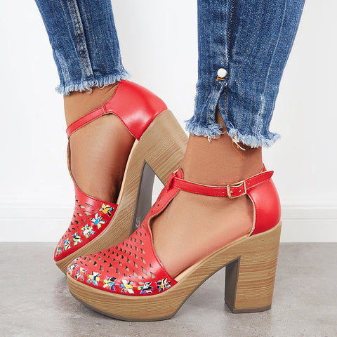 Platform Block Chunky High Heels Ankle T-Strap Cutout Sandals