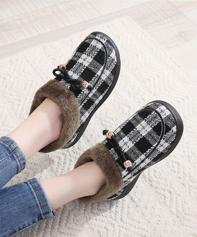 Neu Schwarz Plaid Frauen Spleißen Wohnungen Fuzzy Wolle