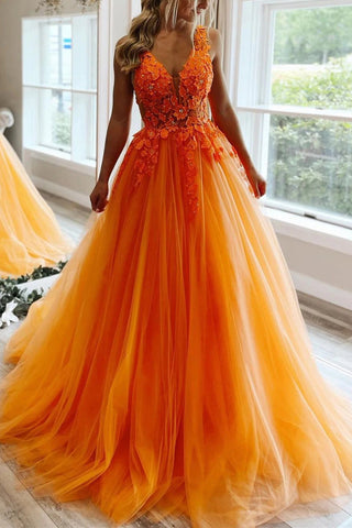 Princess A Line Deep V Neck Blush Long Prom Dress with Appliques