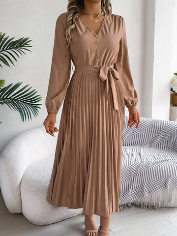 Plissiertes, gebundenes Midikleid mit V-Ausschnitt und langen Ärmeln