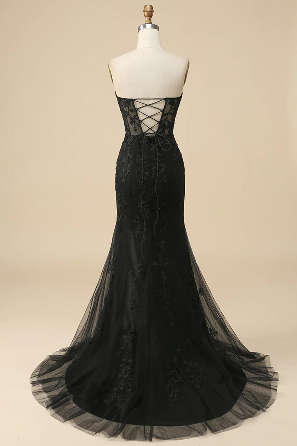 Black Corset Sweetheart Long Lace Prom Dress with Slit