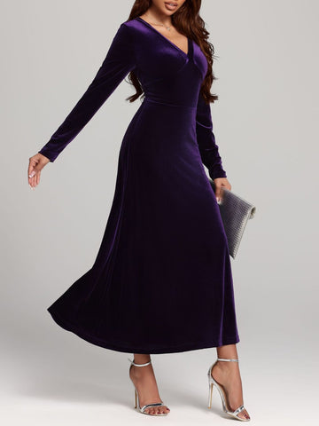 V-Neck Long Sleeve Velvet Midi Dress