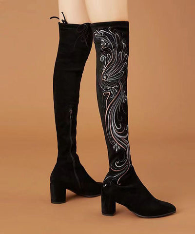 Retro Black Chinese Style Embroideried Chunky Knee Boots