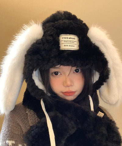 Korean Version Thick Plush Rabbit Ear Hat Scarf Integrated Women Winter