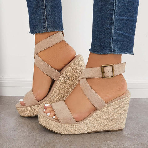 Criss Cross Ankle Strap Espadrille Wedge Platform Sandals