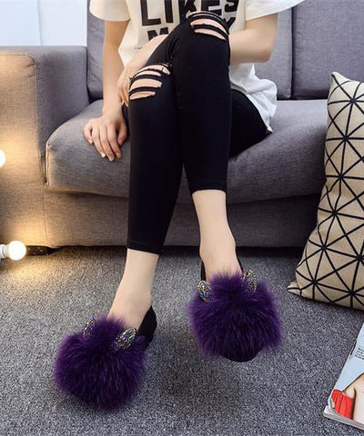 Lila Flache Schuhe Für Frauen Spleißen Fuzzy Pelz Zirkon