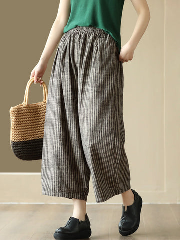 Plus Size Women Summer Vintage Stripe Pocket Loose Linen Harem Pants