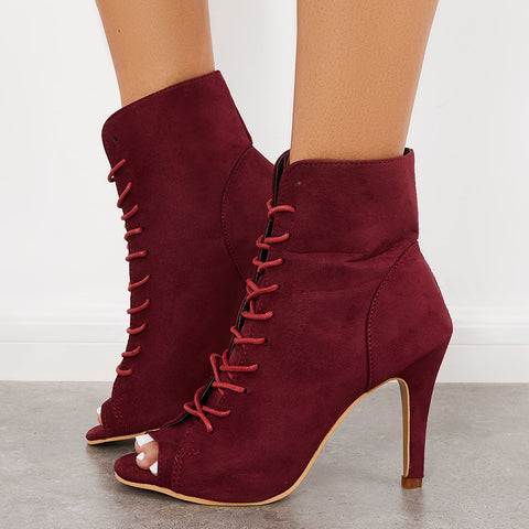 Peep Toe Stiletto High Heel Ankle Boots Lace Up Booties