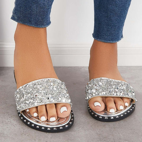 Rhinestone Slip on Flat Sandals Sparkly Slippers