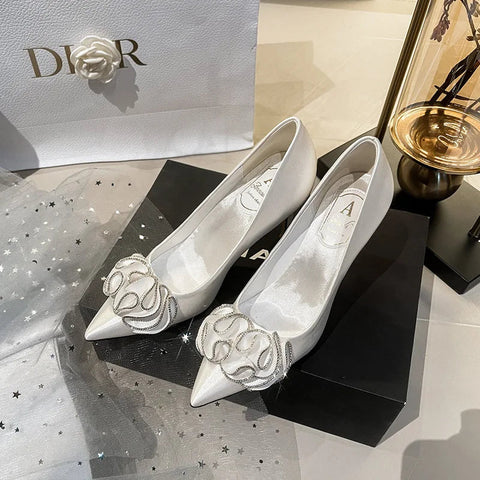 New French white wedding shoes bridal shoes light luxury dress shoes pointed high heels for women