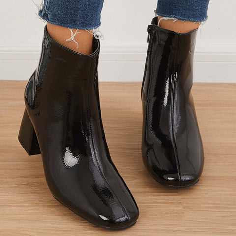 Patent Leather Block Heel Ankle Booties Square Toe Side Zipper Boots