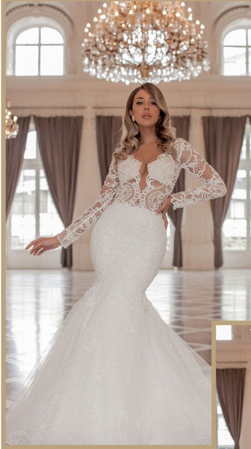 Bmbridal Long Sleeves Mermaid Wedding Dress Lace Long