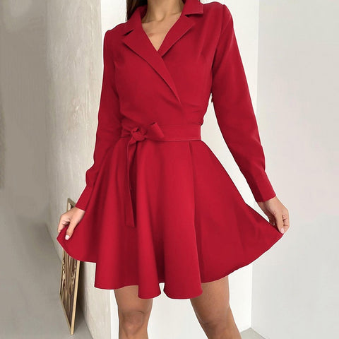 Frühlingsneues elegantes Kleid mit Anzugkragen, langen Ärmeln und Schnürung, Schleife, hoher Taille, A-Linien-Kleid