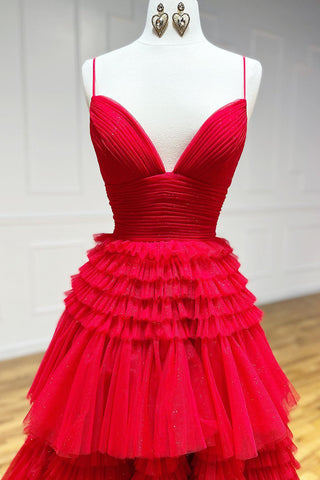 Tulle Tiered Spaghetti Straps Long Prom Dress with Slit