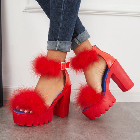 Furry Platform Chunky High Heels Open Toe Ankle Strap Sandals