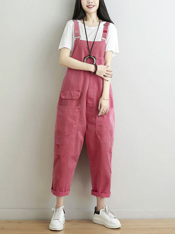 Women Summer Casual Solid Pocket Frayed Loose Jumpsuits