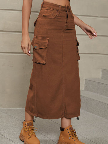 Khaki Buttoned Drawstring Pockets Solid Color Split-Side A-Line Skirts Bottoms
