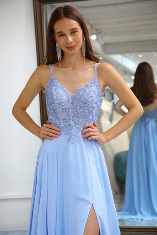 Chraming A Line Spaghetti Straps Blue Long Prom Dress with Split Front