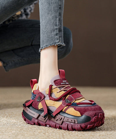 Neu Rot Wildleder Plattform Flache Sport Schuhe Spleißen Lace