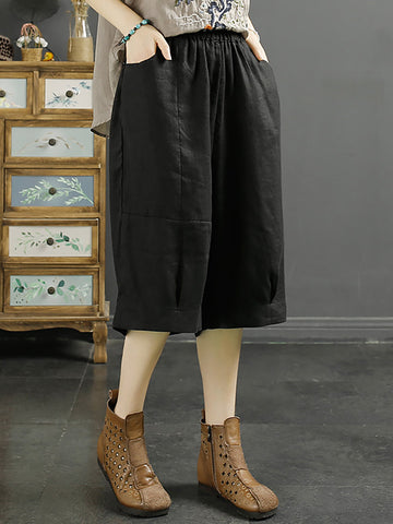 Women Summer Solid Pocket Pleat Linen Knee-Length Pants