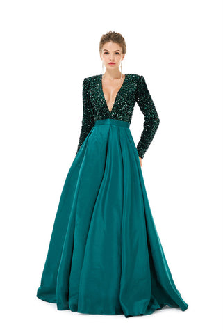 Long Sleeves Prom Dress V-Neck Slit With Sequins