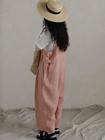 Women Summer Solid Casual Loose Straight-leg Linen Jumpsuits