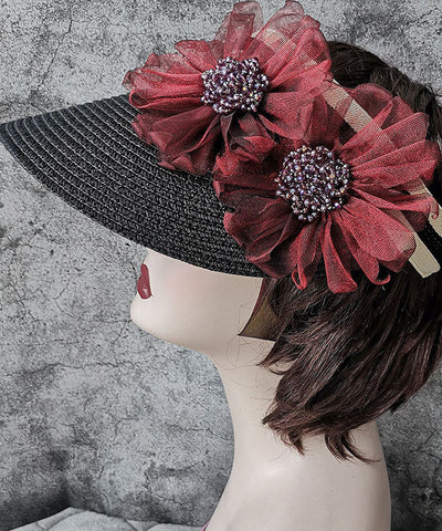 Stylish Beige Tulle Flower Empty Top Sunshade Hat Summer