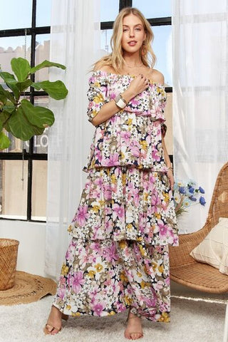 Layered Floral Off-Shoulder Short Sleeve Summer Maxi Dress