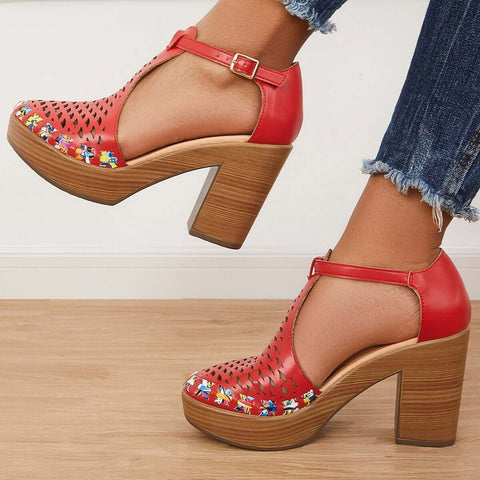 Platform Block Chunky High Heels Ankle T-Strap Cutout Sandals