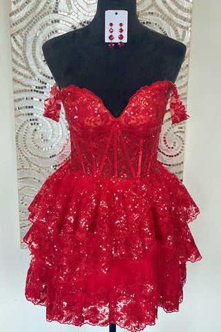 Sparkly A Line Off the Shoulder Dark Red Corset Homecoming Dress with Tiered Lace