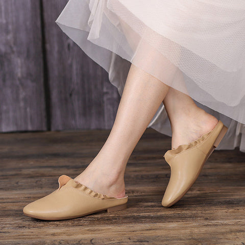 Women 2022 Vintage Leather Ruffle Trim Casual Slippers