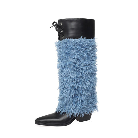 White Blue Feather Pointy Tall Boots Womens Elegant High Heels Shoes Ladies Casual Winter Autumn Catwalk Perform Knee High Boots
