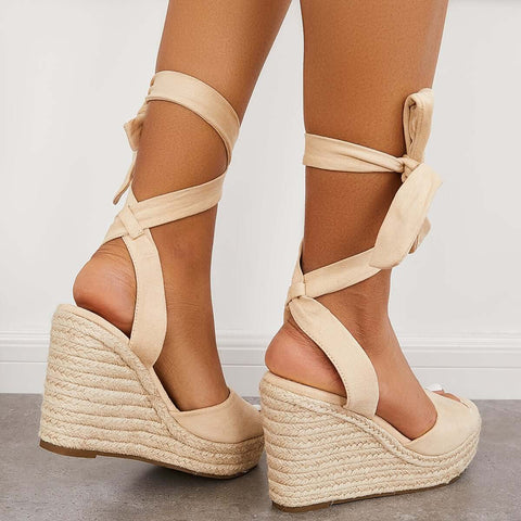 Lace up Espadrille Heel Platform Wedges Ankle Strap Sandals