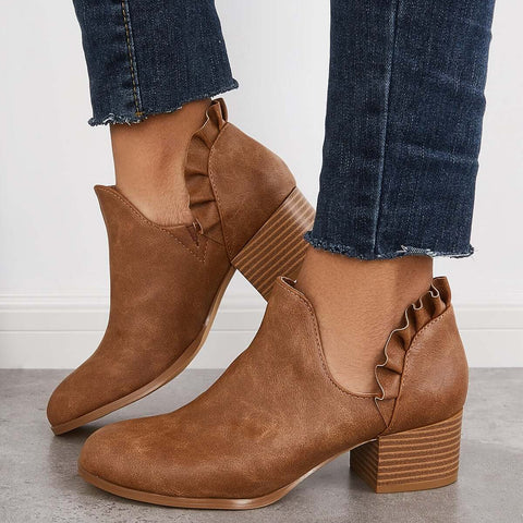 V-Cut Ruffle Ankle Boots Slip on Chunky Stacked Heel Booties