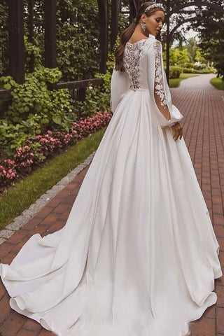 Luxurious Floor-Length A-Line Jewel Neck Long Sleeves Satin Wedding Dresses