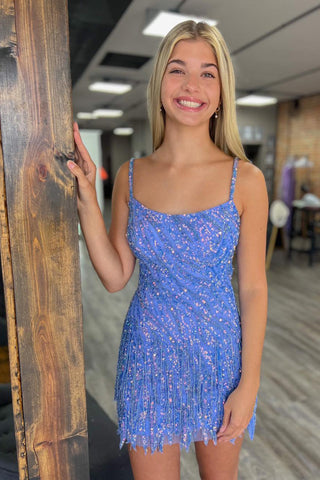 Sparkly Sheath Spaghetti Straps Fuchsia Sequins Short Homecoming Dress with Criss Cross Back