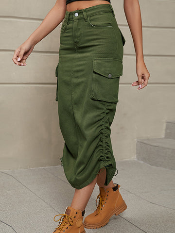Khaki Buttoned Drawstring Pockets Solid Color Split-Side A-Line Skirts Bottoms