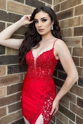 Sheath Spaghetti Straps Red Short Homecoming Dress with Appliques