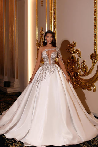 Bmbridal One Shoulder Long Sleeves Princess Wedding Dress With Beads