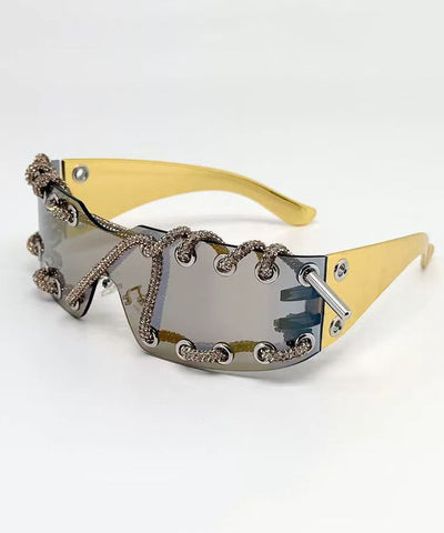 Stylish Frameless Punk Sparkling Diamond Sunglasses With Metal Ring Rivets