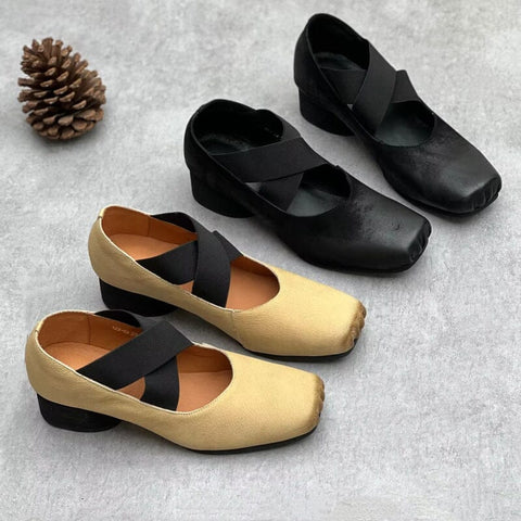 Women Retro Leather Chunky Heel Casual Shoes