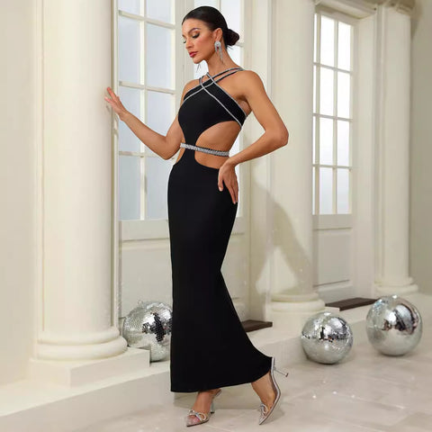 Verbandkleid sexy hohle Rautenseite freiliegende Taille Sling-Hüfte langes Kleid Cocktailkleid