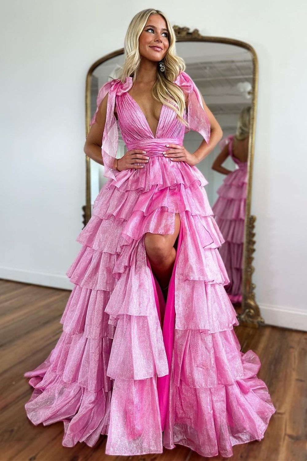 Princess A Line Deep V Neck Pink Prom Dress with Ruffles