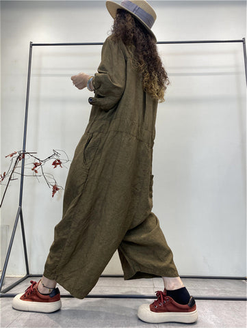 Women Summer Retro Solid Button Pocket Loose Jumpsuits