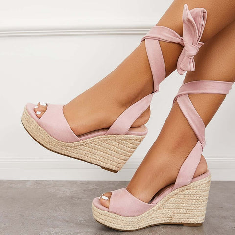 Lace up Espadrille Heel Platform Wedges Ankle Strap Sandals