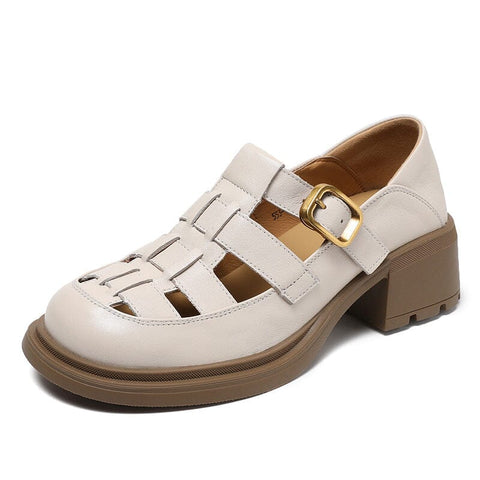 Women Summer Retro Plaited Leather Chunky Heel Sandals